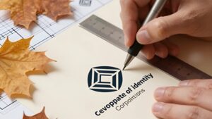Руки дизайнера создают логотип на фоне осенних листьев для развития корпоративной айдентики госкорпораций
