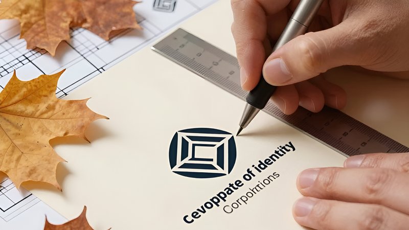 Руки дизайнера создают логотип на фоне осенних листьев для развития корпоративной айдентики госкорпораций